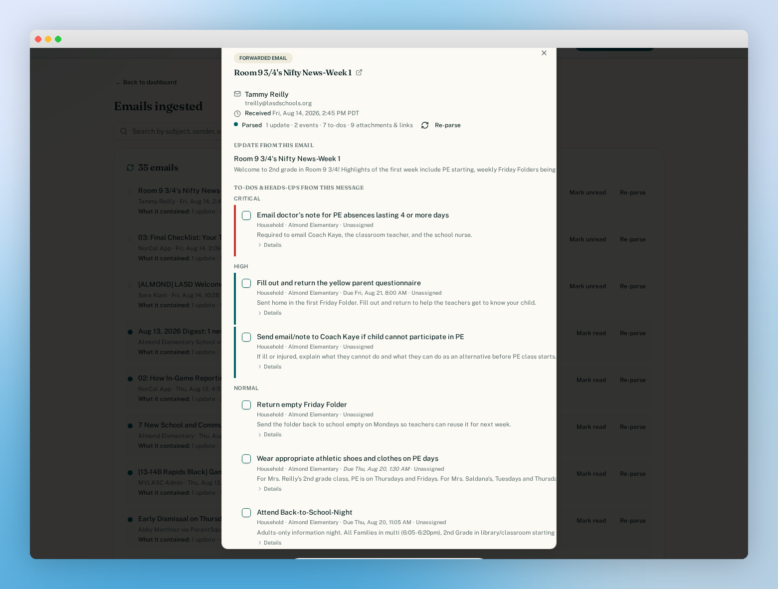 ParentSync.io email detail screen with extracted to-dos grouped by importance and linked back to the source message