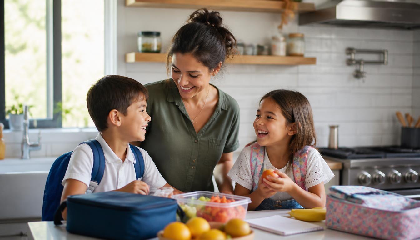 A smiling parent and two children getting ready for school together in a bright kitchen